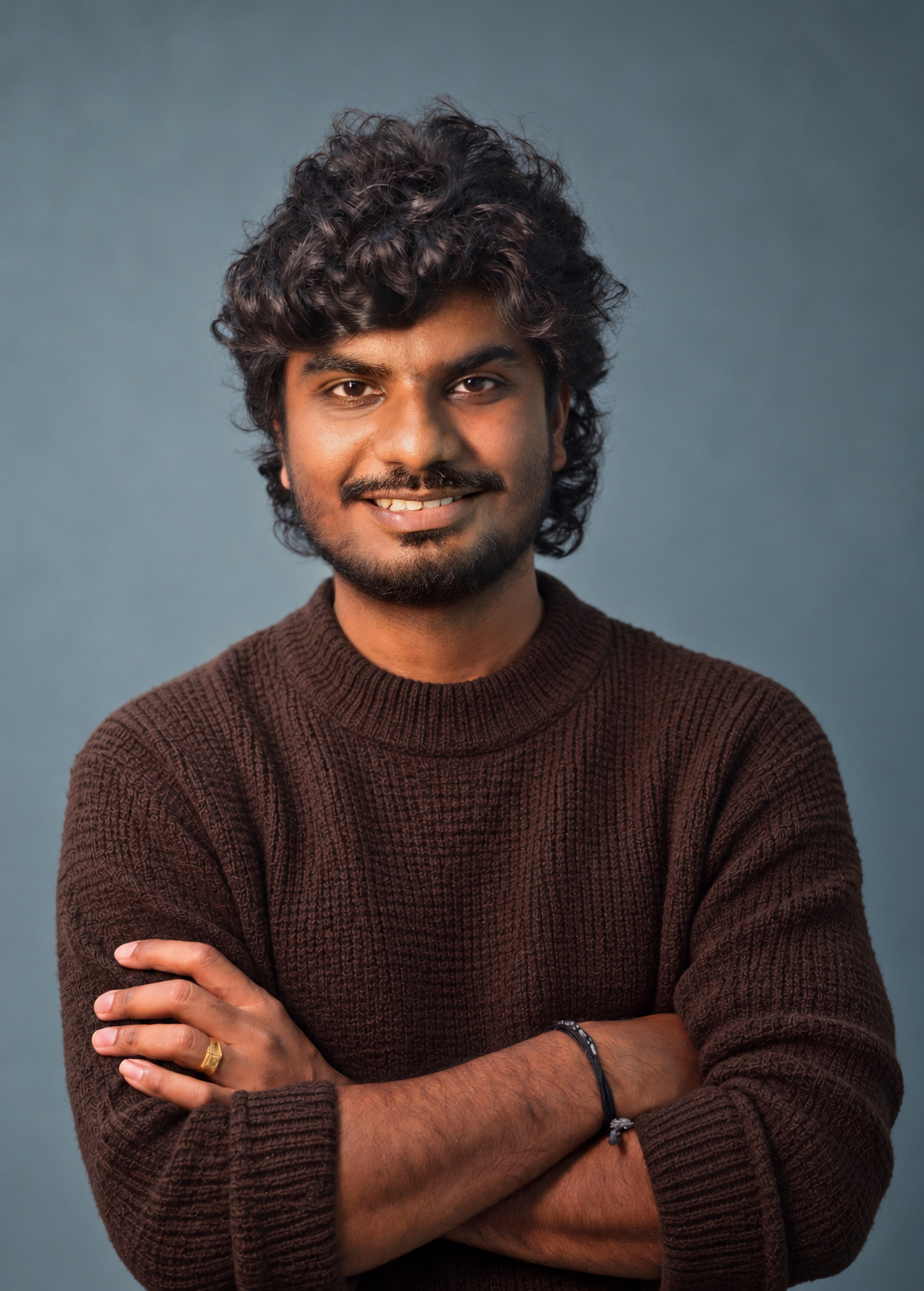 Smiling portrait in a brown knit sweater with arms crossed against a slate blue backdrop