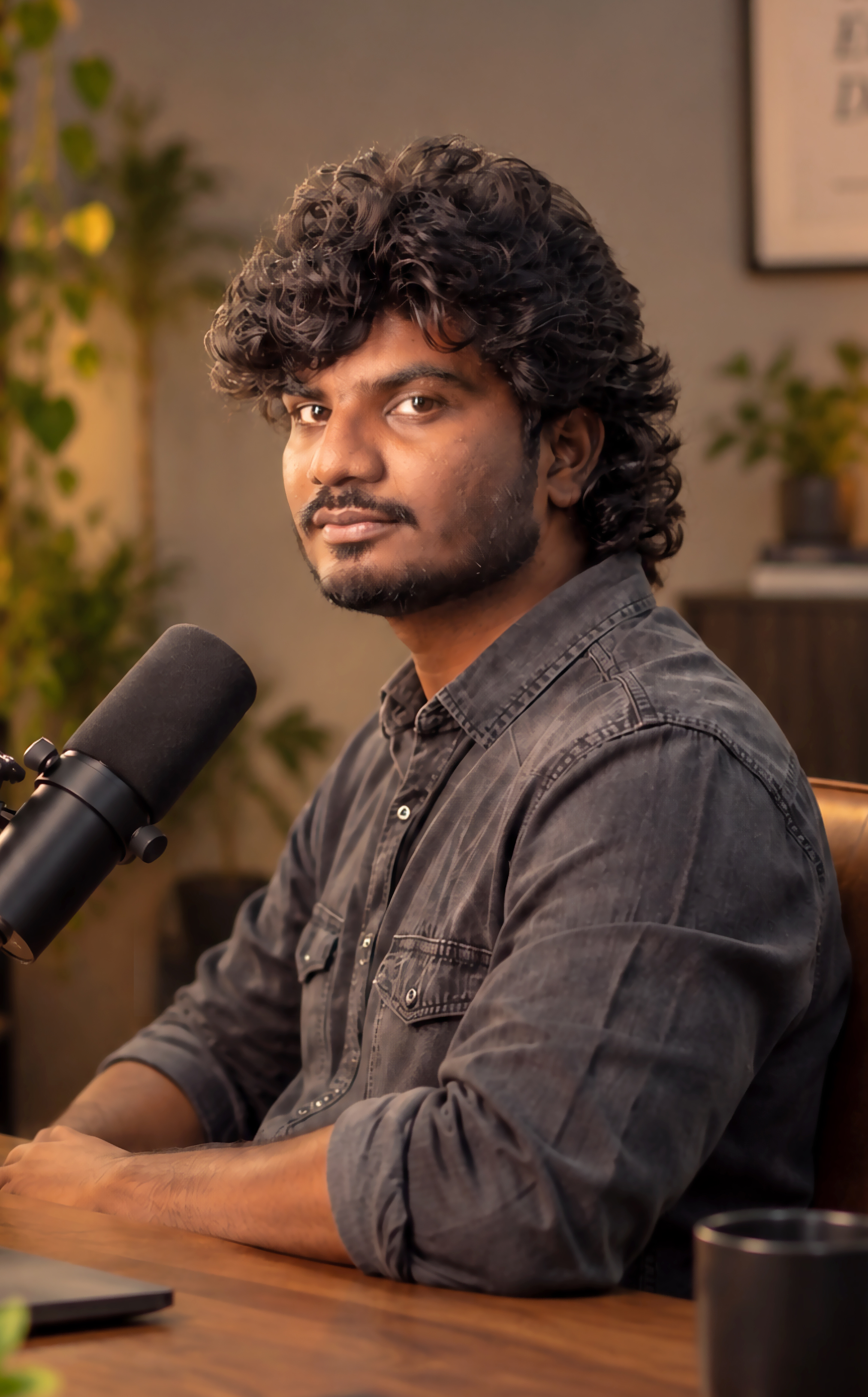 Sashi Kadiri seated beside a studio microphone, a still from the showreel